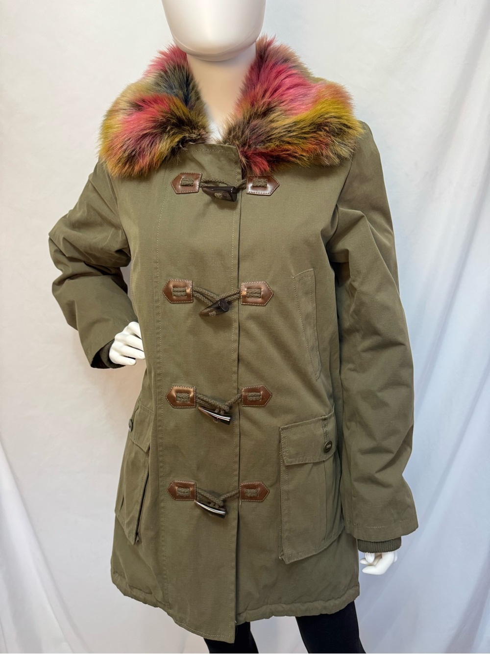 Nasty Gal Rainbow Faux Fur Army Green Utility Parka Jacket Toggle Clasp